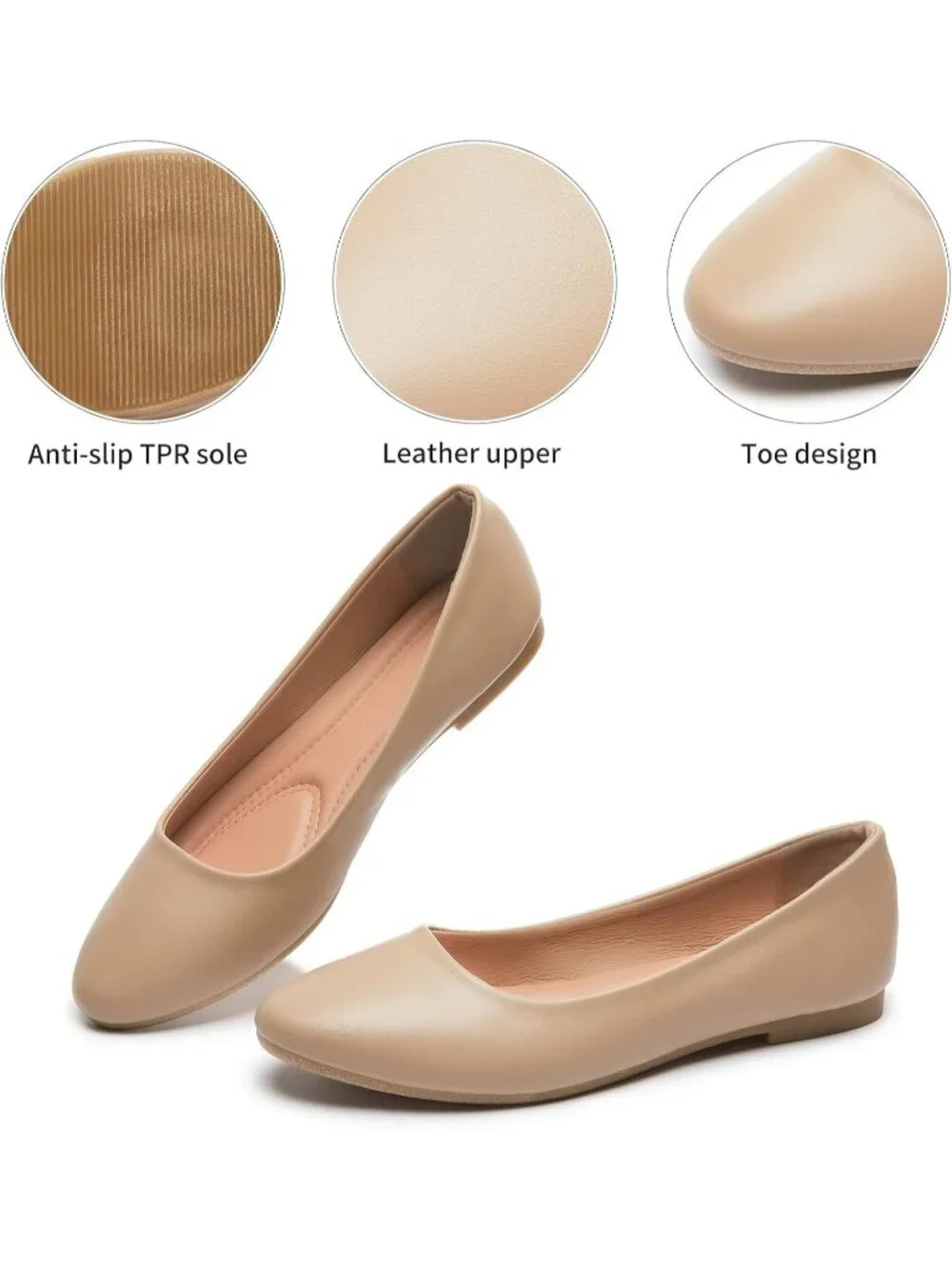 Women's Nude PU Leather Closed Toe Comfortable Flexible Slip On Ballet Flats
